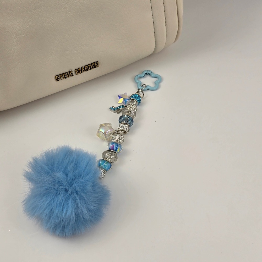 Blue Faux Fur Pom Pom Beaded Bag Charm Keychain with Star and Shoe Charms